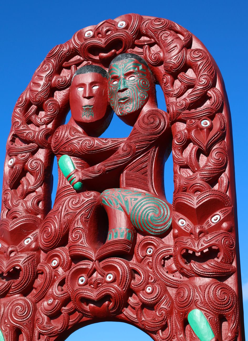 Maori cultural carving and meeting house